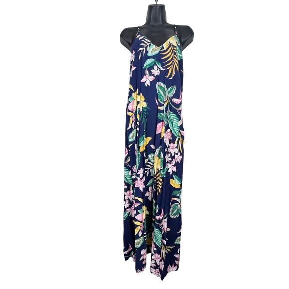 EUC Old Navy Viscose Navy Blue Botanical TROPICAL V-Neck Maxi Shift Dress Large - Picture 2 of 12